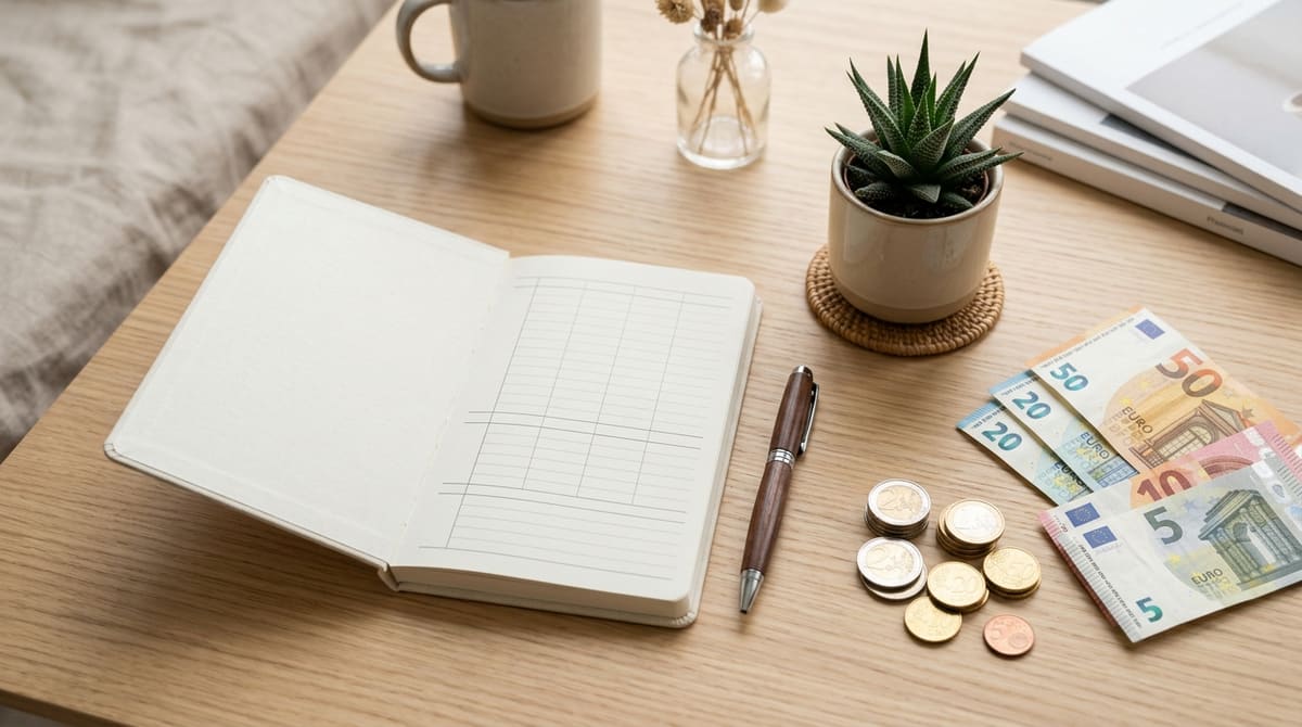 Ein Holzschreibtisch mit aufgeschlagenem liniertem Notizbuch, einem Kugelschreiber, Euro-Scheinen und Münzen sowie einer kleinen Sukkulente im Topf.