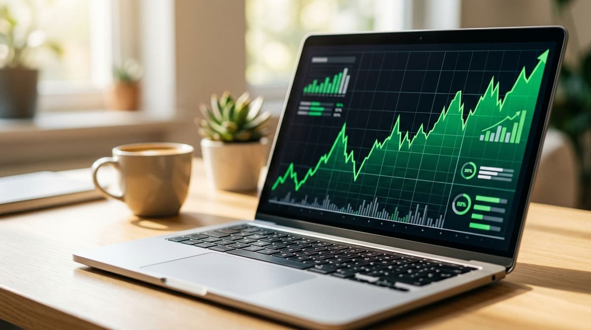 Ein Laptop auf einem Holzschreibtisch mit grünem Kursdiagramm auf dem Bildschirm, daneben eine Kaffeetasse und eine Sukkulente im Hintergrund.